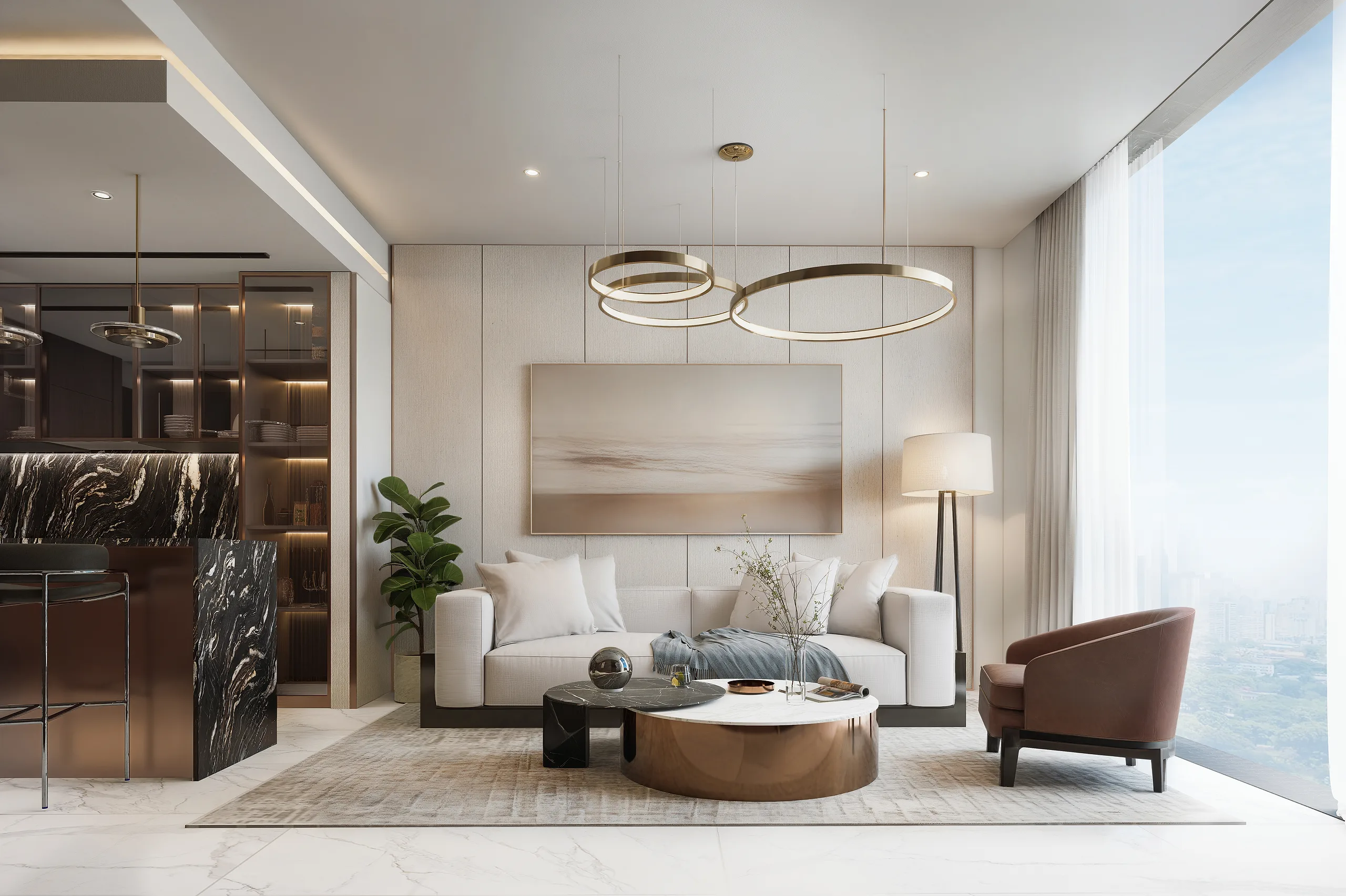 One-bedroom living room with bronze ring pendants and full-height windows