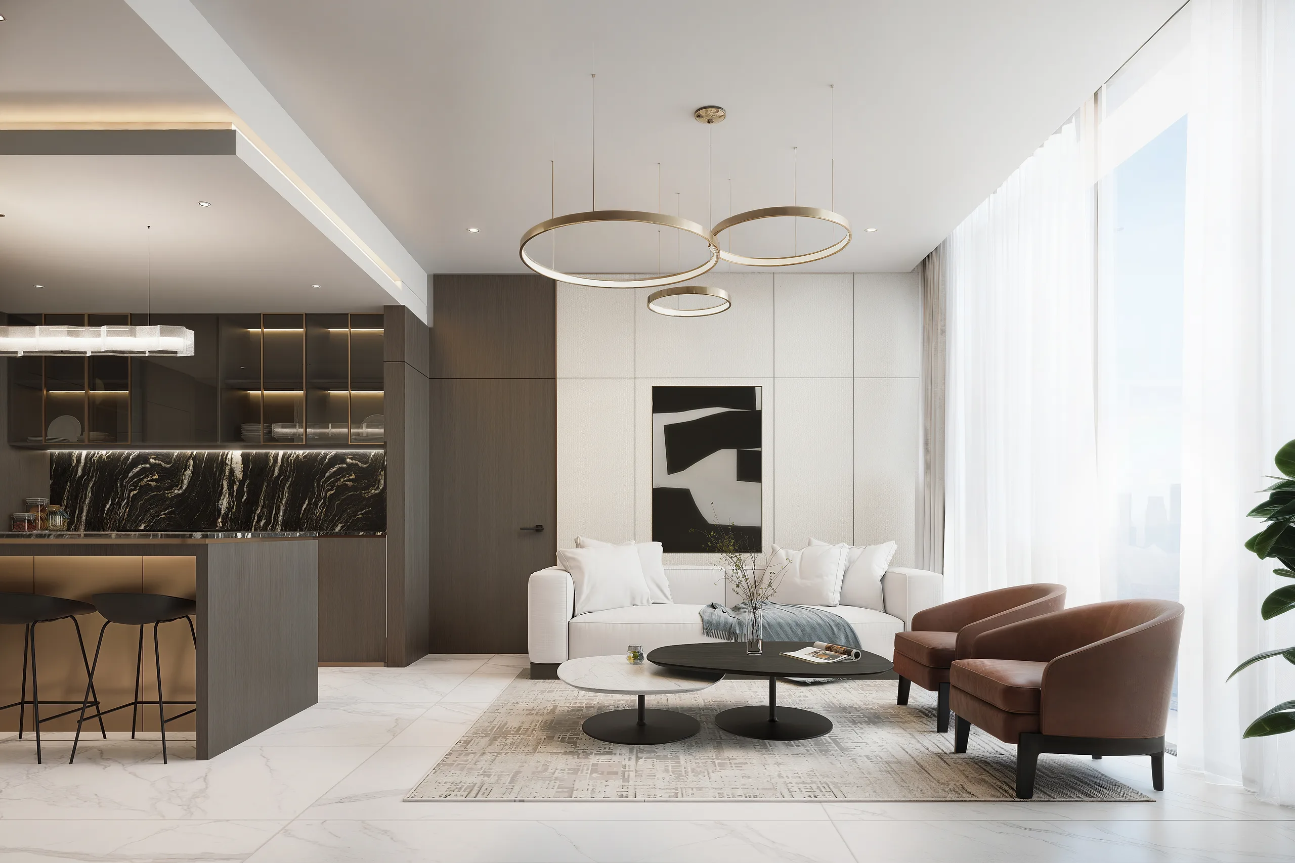 Two-bedroom living room with an open kitchen and bronze ring pendants