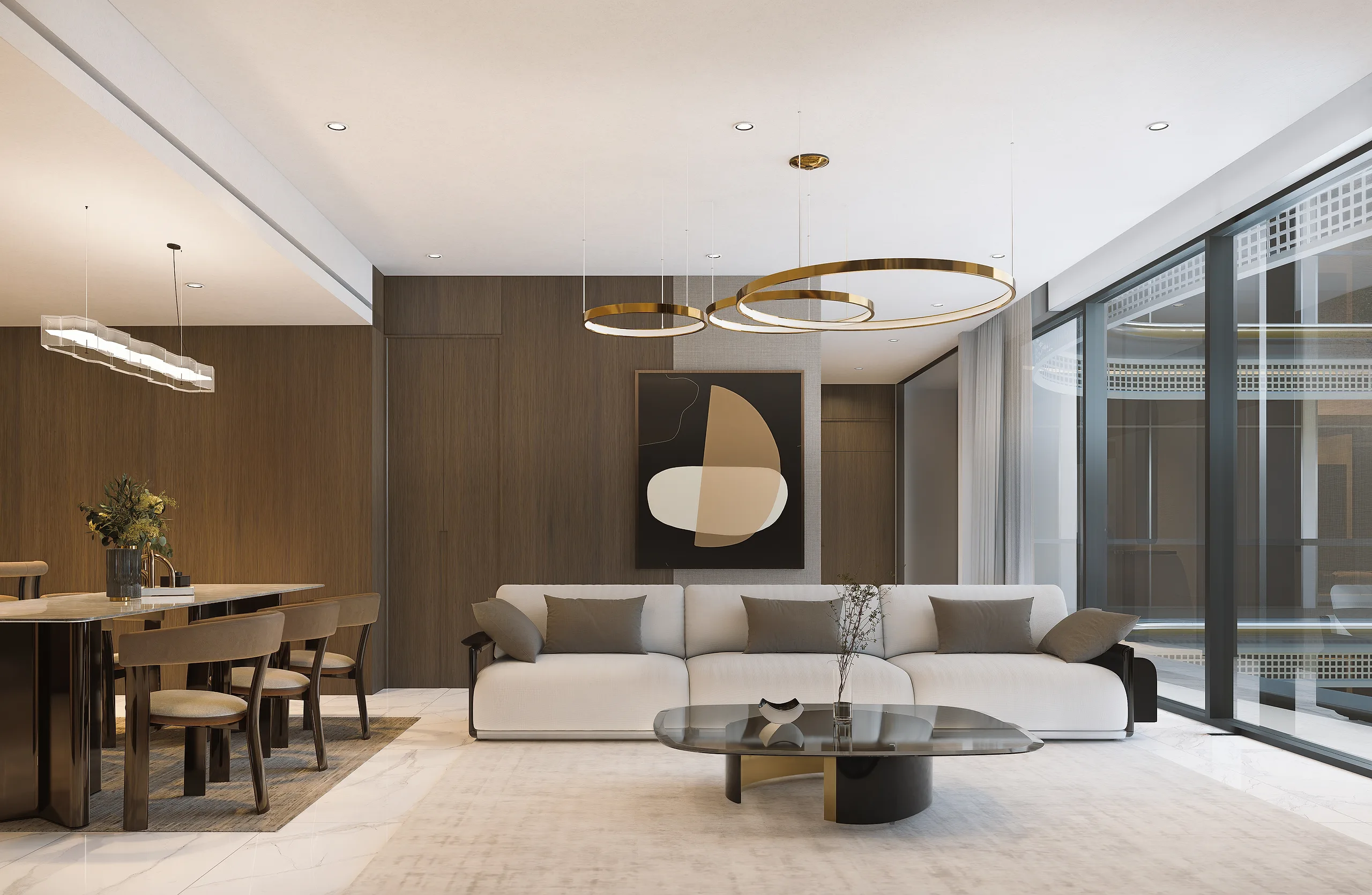 Three-bedroom living and dining room with floor-to-ceiling glazing