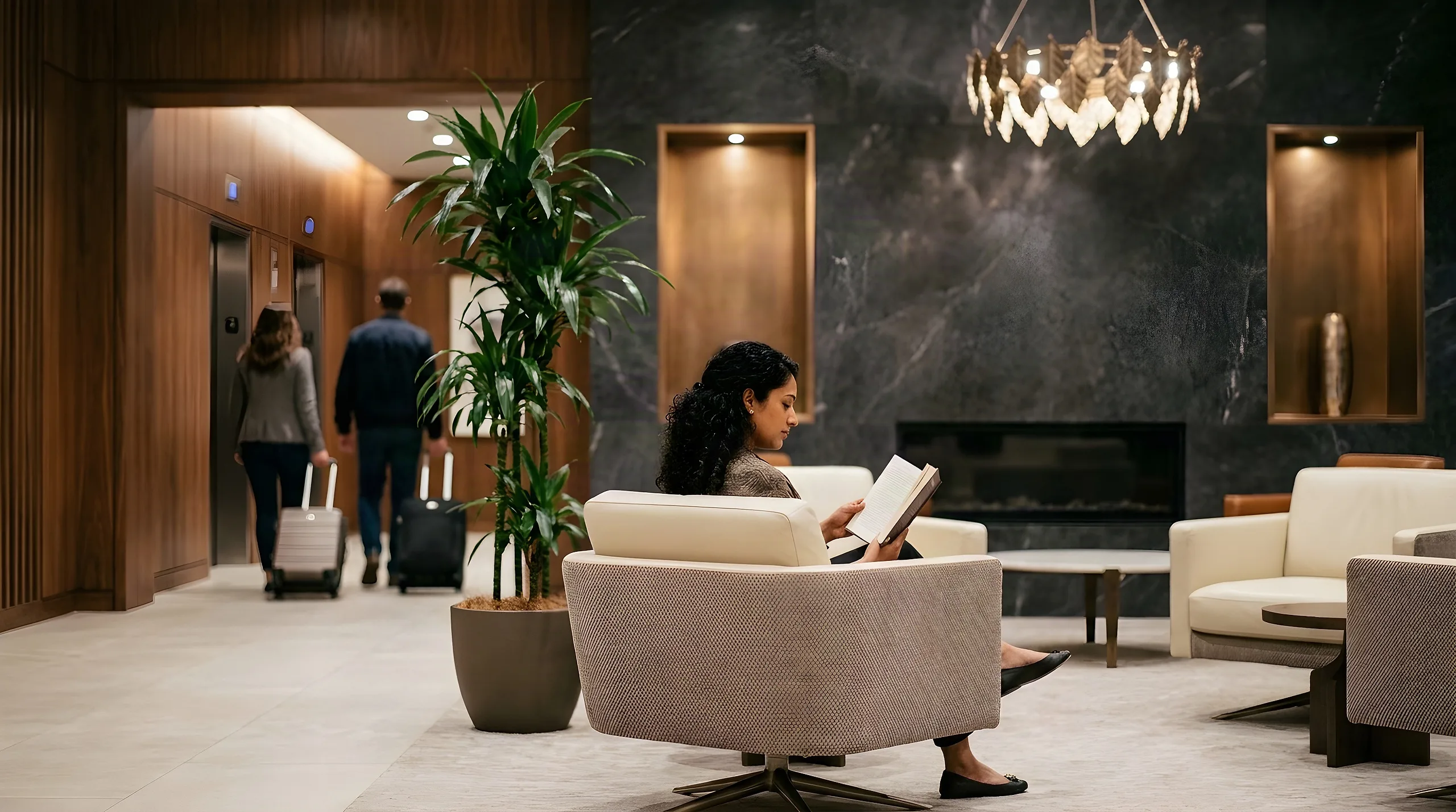 A woman reads in a cream armchair in the lobby while two guests wheel suitcases to the lifts, under a bronze leaf chandelier in warm evening light
