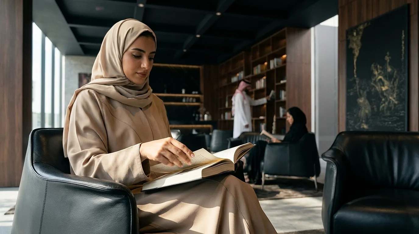 A woman in a beige headscarf turns a page in a black leather armchair, residents reading by the bookshelves behind her in soft daylight