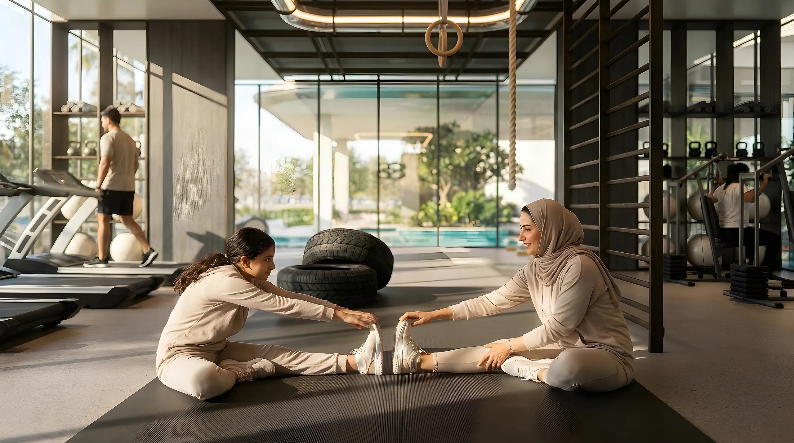 A mother and her daughter stretch facing each other on a mat in the gym, the pool garden behind the glass in low sun