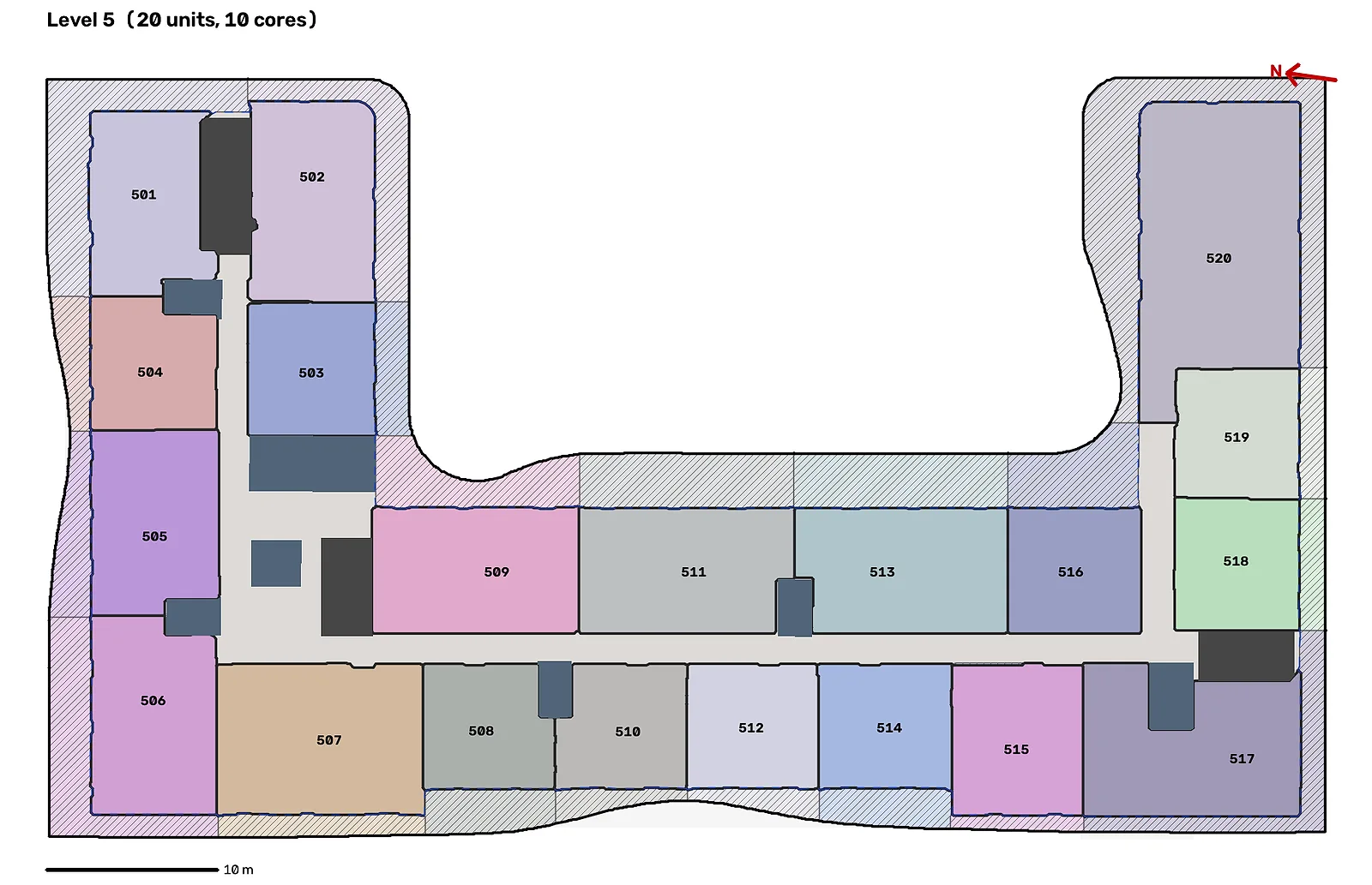 Level 5 traced from the master floor plan, each suite a coloured polygon with its number