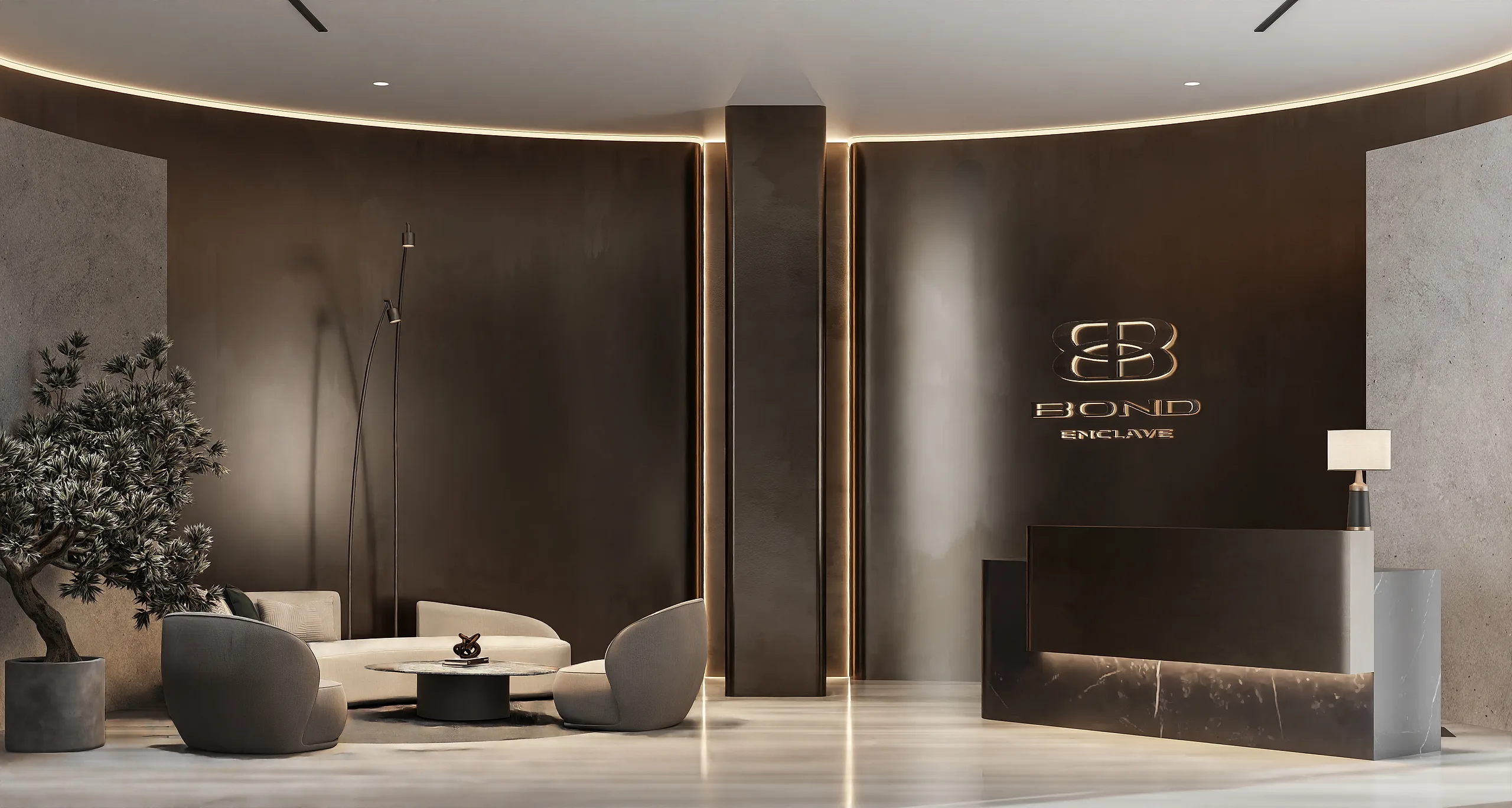 Reception with the Bond monogram on a curved bronze wall