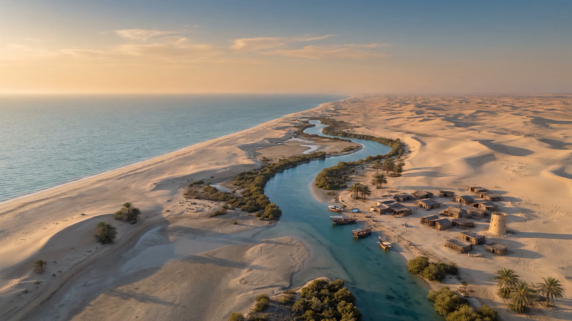 Aerial view of a creek settlement with wooden dhows between desert dunes and the sea at golden hour