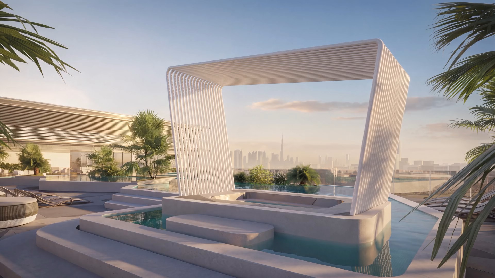 Rooftop arch over the infinity pool with the Dubai skyline in late light